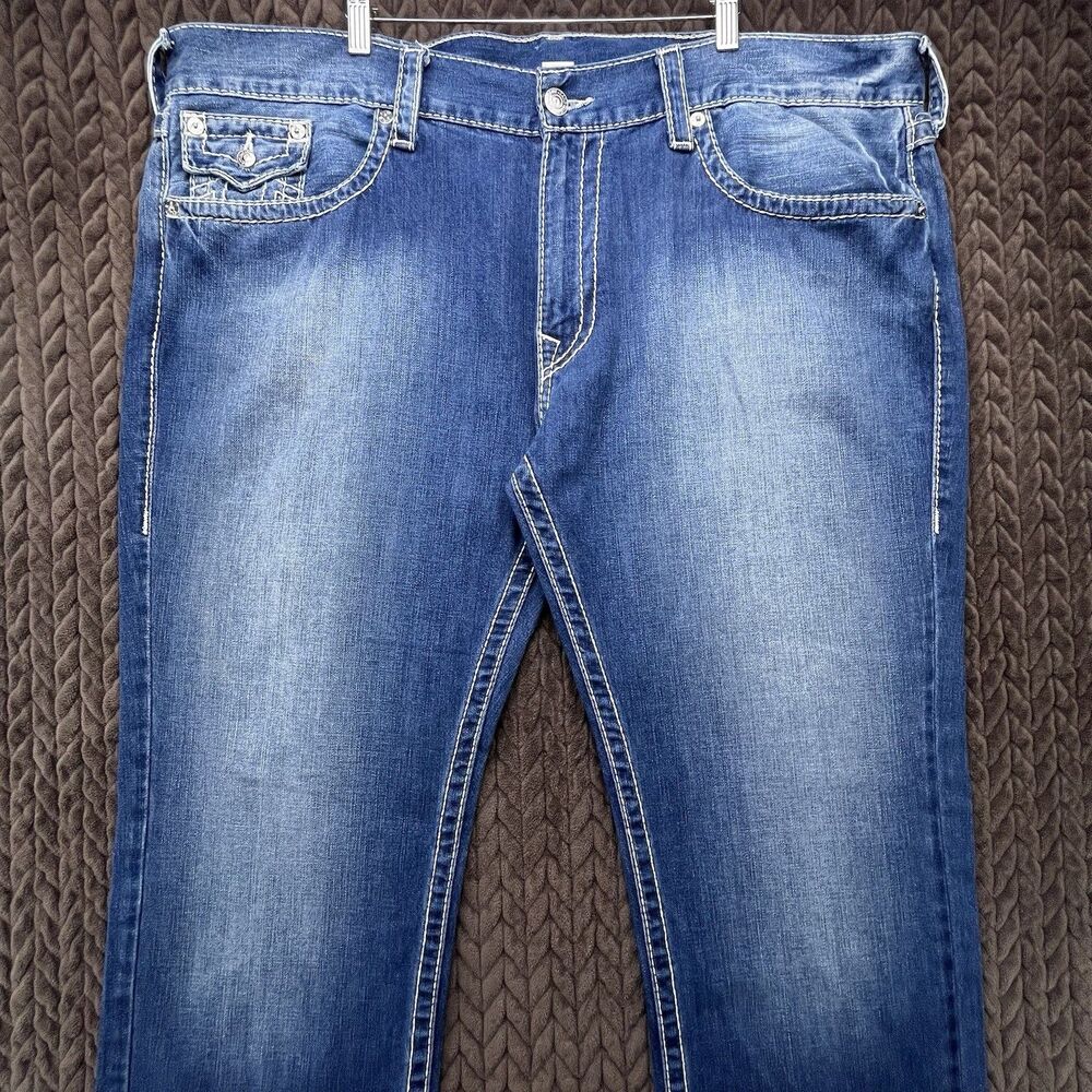 True Religion Jeans Mens 44x34 Big T Relaxed Skinny Flap Pocket Blue Denim